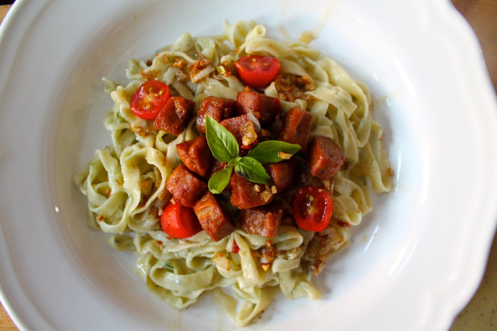 Vegan Basil Pasta with Soy Free Gluten Free Chorizo&nbsp;Sausage