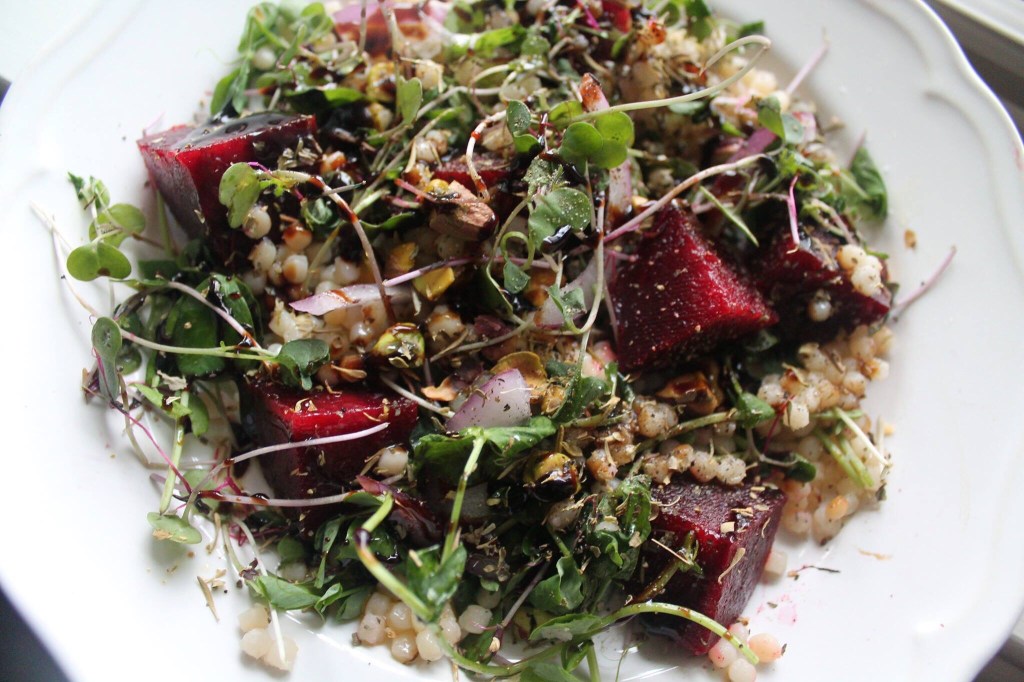 Beet and Couscous Salad with Micro greens and&nbsp;Pistachios.