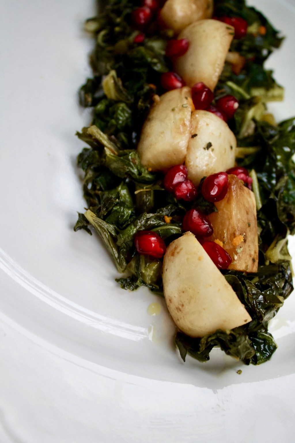 Healthy Holiday Thanksgiving sides dishes at William Sonoma ~ Turnips and Greens with Orange, Rosemary and Pomegranate