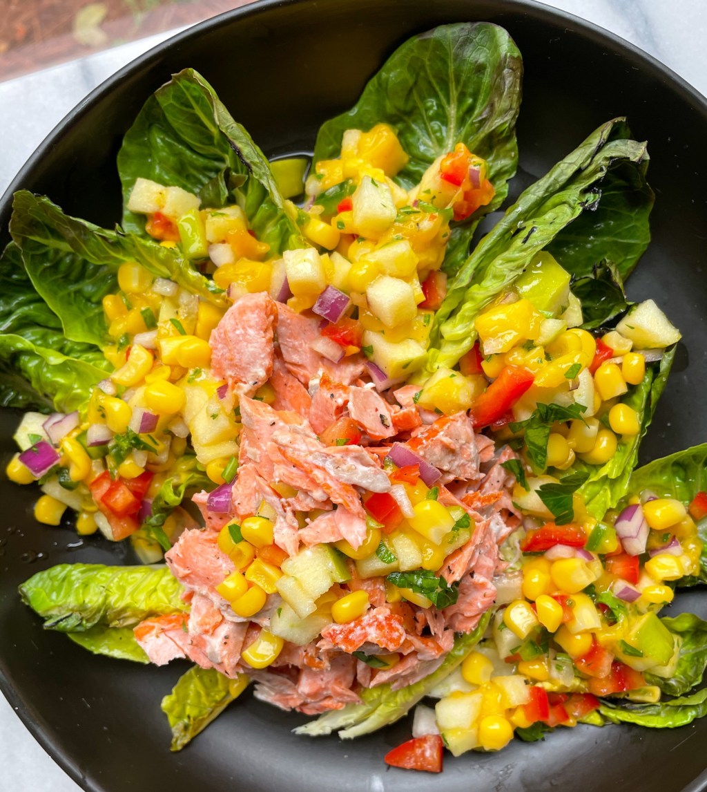 Charred Baby Gems, Salmon Salad with a Mango, Corn and Pepper&nbsp;Salsa