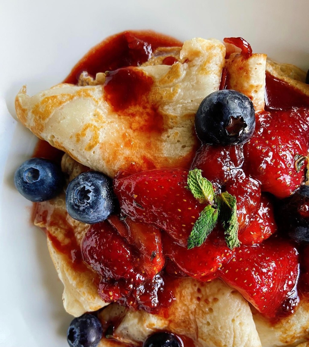 Mother’s Day Breakfast Idea: Crepes with a Strawberry Red Wine Reduction with Fresh Blueberries