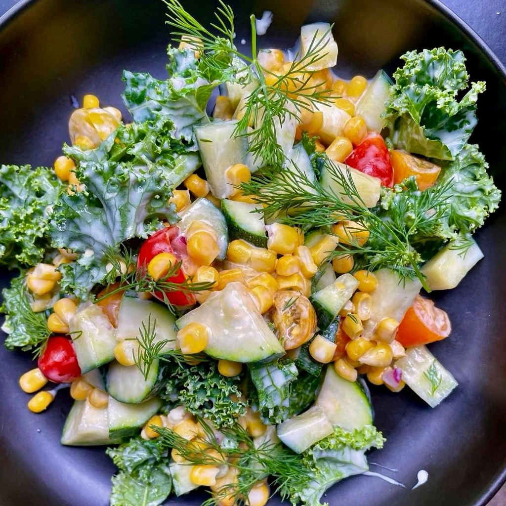 Corn, Zucchini, and Tomato Kale Salad with Creamy Cucumber Dressing